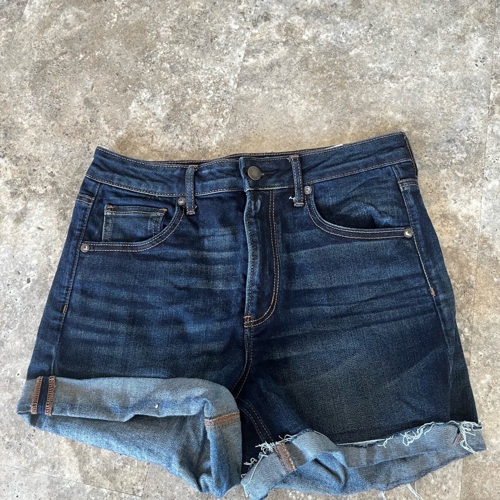 American Eagle Dark Wash Super Hi-Rise Shortie denim shorts, 10
